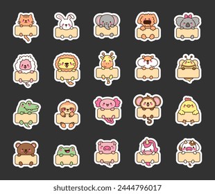 Cute kawaii animal with blank web banner template. Sticker Bookmark. Funny cartoon characters with frame. Hand drawn style. Vector drawing. Collection of design elements.