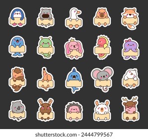 Cute kawaii animal with blank web banner template. Sticker Bookmark. Funny cartoon characters with frame. Hand drawn style. Vector drawing. Collection of design elements.