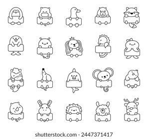 Cute kawaii animal with blank web banner template. Coloring Page. Funny cartoon characters with frame. Hand drawn style. Vector drawing. Collection of design elements.