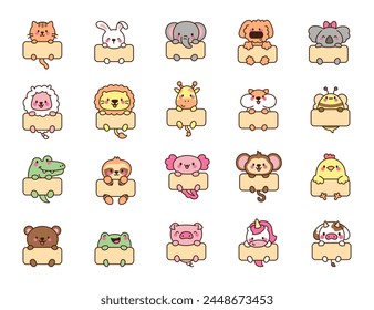 Cute kawaii animal with blank web banner template. Funny cartoon characters with frame. Hand drawn style. Vector drawing. Collection of design elements.