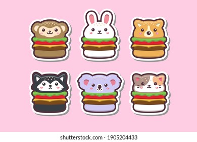 Cute Kawaii Animal Burger Drawing sticker set