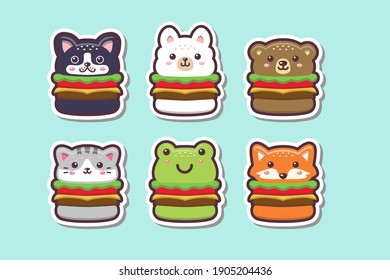 Cute Kawaii Animal Burger Drawing sticker set