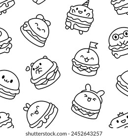Cute kawaii animal burger. Seamless pattern. Coloring Page. Funny food. Cartoon cheeseburger. Hand drawn style. Vector drawing. Design ornaments.