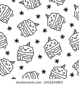 Cute kawaii animal burger. Seamless pattern. Coloring Page. Funny food. Cartoon cheeseburger. Hand drawn style. Vector drawing. Design ornaments.