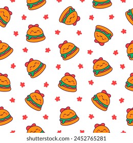 Cute kawaii animal burger. Seamless pattern. Funny food. Cartoon cheeseburger. Hand drawn style. Vector drawing. Design ornaments.