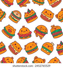 Linda hamburguesa animal kawaii. Patrón sin costuras. Comida divertida. Hamburguesa con queso. Estilo dibujado a mano. Dibujo de Vector. Diseñar adornos.