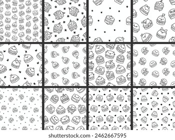 Cute kawaii animal burger. Seamless pattern. Coloring Page. Funny food. Cartoon cheeseburger. Hand drawn style. Vector drawing. Collection of design ornaments.