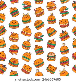 Cute kawaii animal burger. Seamless pattern. Funny food. Cartoon cheeseburger. Hand drawn style. Vector drawing. Design ornaments.