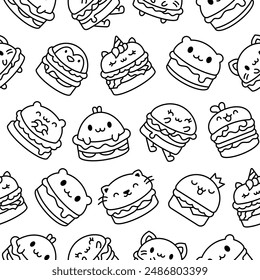 Cute kawaii animal burger. Seamless pattern. Coloring Page. Funny food. Cartoon cheeseburger. Hand drawn style. Vector drawing. Design ornaments.