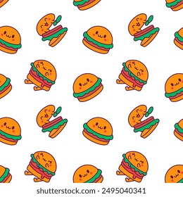 Cute kawaii animal burger. Seamless pattern. Funny food. Cartoon cheeseburger. Hand drawn style. Vector drawing. Design ornaments.