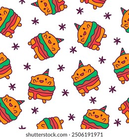 Cute kawaii animal burger. Seamless pattern. Funny food. Cartoon cheeseburger. Hand drawn style. Vector drawing. Design ornaments.