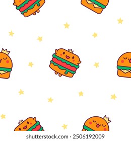 Linda hamburguesa de animales kawaii. Patrón sin fisuras. Comida divertida. Hamburguesa con queso de dibujos animados. Estilo dibujado a mano. Dibujo de Vector. Diseña adornos.