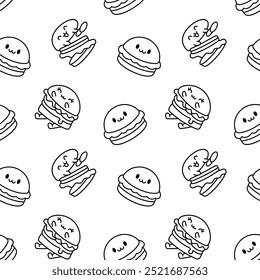 Cute kawaii animal burger. Seamless pattern. Coloring Page. Funny food. Cartoon cheeseburger. Hand drawn style. Vector drawing. Design ornaments.