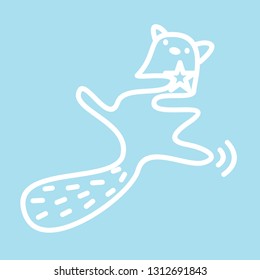 Cute kawaii animal character caught and hugged a star. Funny beaver or cat logo design template. Symbol for web and print. Animal linear illustration in trendy minimalistic style.