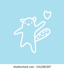 Cute kawaii animal character sign send love heart. Funny beaver logo design template and symbol for web and print. Animal linear illustration in trendy style. Modern care, goods and education.