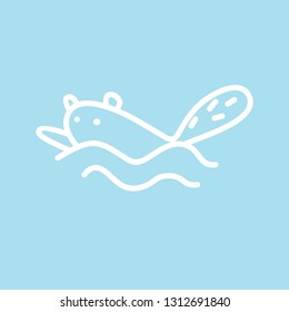 Cute kawaii animal character is swimming. Funny beaver or cat logo design template. Symbol for web and print. Animal linear illustration in trendy minimalistic style. Modern care and education.