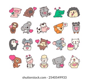 Cute kawaii animal characters holding hearts for Valentines Day illustrations and cartoons