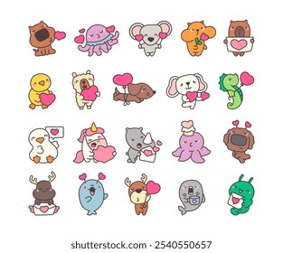 Cute kawaii animal characters holding hearts for Valentines Day cartoon illustrations and greeting designs