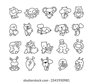 Cute kawaii animal characters holding hearts for Valentines Day cartoon illustrations and greeting designs