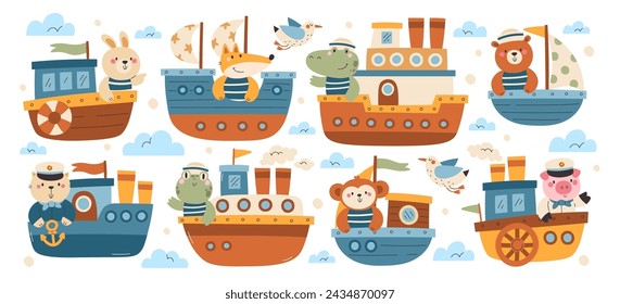 Cute kawaii animal characters sailing boats and ships enjoying marine adventure vector illustration set. Funny hare, fox, crocodile, bear, cat, frog, monkey, pig sailor traveling by sea or ocean