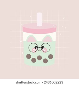 Cute kawaii animal emoji emoticon face boba drinks.