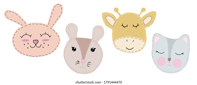 Cute Kawaii Animal Faces - Mouse, Cat, Hare, Rabbit, Giraffe With Closed Eyes, Children Toy, Set Of Vector Elements With Decorative Stitching