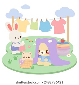 Cute Kawaii Animal Laundry Day. Adorable Cartoon Illustration. Kawaii Animals Doing Laundry. Cute and Colorful Illustration.