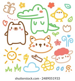 Cute Kawaii Animal and Object Doodles with Happy Faces.Cute doodle hand drawn kids set. Colorful element of crocodile, bear, fox, chick, butterfly, flower, heart, sun, cloud and bee.