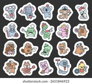 Cute kawaii animal profession character set showing different occupations in cartoon style with expressive poses and tools for your illustration and creative designs projects