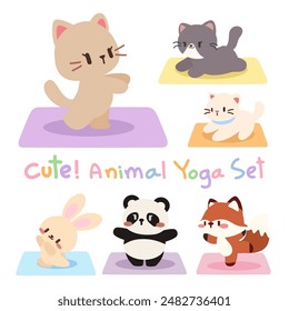 Lindo Kawaii Animal Yoga Set. Adorable ilustración de dibujos animados. Kawaii Yoga posa con animales. Colección de yoga animal con personajes kawaii en posturas de yoga