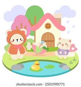 Nette Kawaii Tiere in einer gemütlichen Regentagsszene.Bezauberndes Ferienhaus mit Kawaii Tieren und Regenwetter. Kawaii Tiere in einer regnerischen Tag Illustration mit einem gemütlichen Cottage.