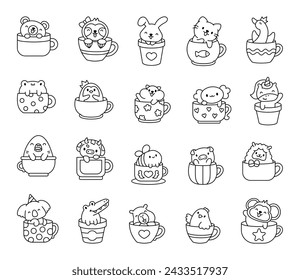 Cute kawaii animals in a cup. Coloring Page. Funny adorable cartoon character. Hand drawn style. Vector drawing. Collection of design elements.