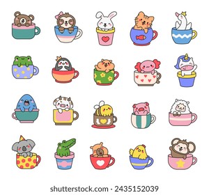 Cute kawaii animals in a cup. Funny adorable cartoon character. Hand drawn style. Vector drawing. Collection of design elements.