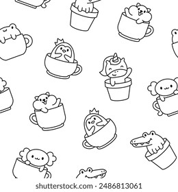 Cute kawaii animals in a cup. Seamless pattern. Coloring Page. Funny adorable cartoon character. Hand drawn style. Vector drawing. Design ornaments.