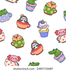 Cute kawaii animals in a cup. Seamless pattern. Funny adorable cartoon character. Hand drawn style. Vector drawing. Design ornaments.