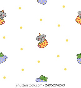 Cute kawaii animals in a cup. Seamless pattern. Funny adorable cartoon character. Hand drawn style. Vector drawing. Design ornaments.