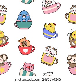 Cute kawaii animals in a cup. Seamless pattern. Funny adorable cartoon character. Hand drawn style. Vector drawing. Design ornaments.