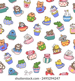 Cute kawaii animals in a cup. Seamless pattern. Funny adorable cartoon character. Hand drawn style. Vector drawing. Design ornaments.