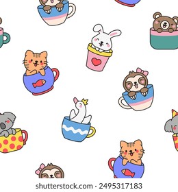 Cute kawaii animals in a cup. Seamless pattern. Funny adorable cartoon character. Hand drawn style. Vector drawing. Design ornaments.