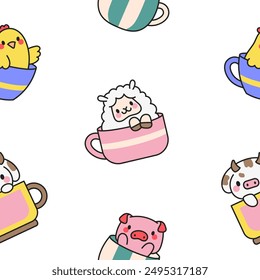 Cute kawaii animals in a cup. Seamless pattern. Funny adorable cartoon character. Hand drawn style. Vector drawing. Design ornaments.