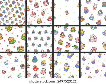 Cute kawaii animals in a cup. Seamless pattern. Funny adorable cartoon character. Hand drawn style. Vector drawing. Collection of design ornaments.