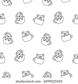 Cute kawaii animals in a cup. Seamless pattern. Coloring Page. Funny adorable cartoon character. Hand drawn style. Vector drawing. Design ornaments.