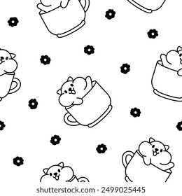 Cute kawaii animals in a cup. Seamless pattern. Coloring Page. Funny adorable cartoon character. Hand drawn style. Vector drawing. Design ornaments.