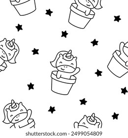 Cute kawaii animals in a cup. Seamless pattern. Coloring Page. Funny adorable cartoon character. Hand drawn style. Vector drawing. Design ornaments.