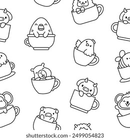 Cute kawaii animals in a cup. Seamless pattern. Coloring Page. Funny adorable cartoon character. Hand drawn style. Vector drawing. Design ornaments.