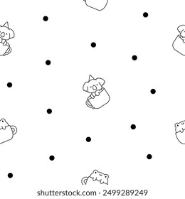 Cute kawaii animals in a cup. Seamless pattern. Coloring Page. Funny adorable cartoon character. Hand drawn style. Vector drawing. Design ornaments.