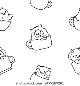 Cute kawaii animals in a cup. Seamless pattern. Coloring Page. Funny adorable cartoon character. Hand drawn style. Vector drawing. Design ornaments.