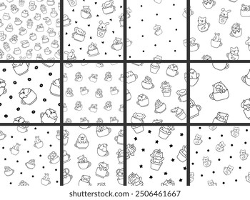 Cute kawaii animals in a cup. Seamless pattern. Coloring Page. Funny adorable cartoon character. Hand drawn style. Vector drawing. Collection of design ornaments.