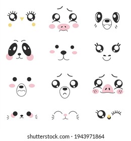 Cute kawaii animals faces isolated on white background