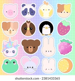 Cute kawaii animals farm for kid's education learn animals stickers set preschool pig panda chicken cat dog owl unicorn bear bunny rabbit mouse frog strawberries on rainbow background ready to print 